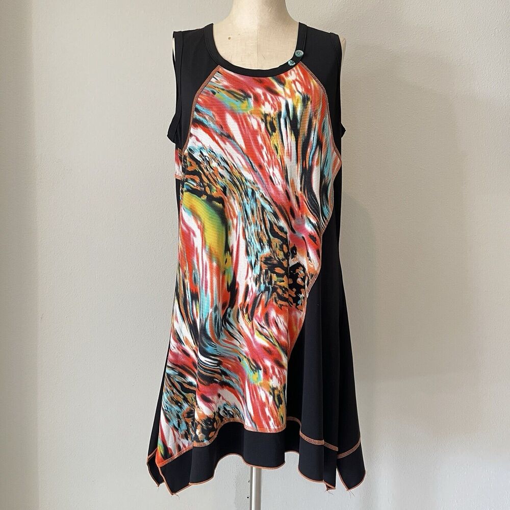 Clarity Sleeveless Top, asymmetrical hem, colorful, art to wear, size 12(L?)